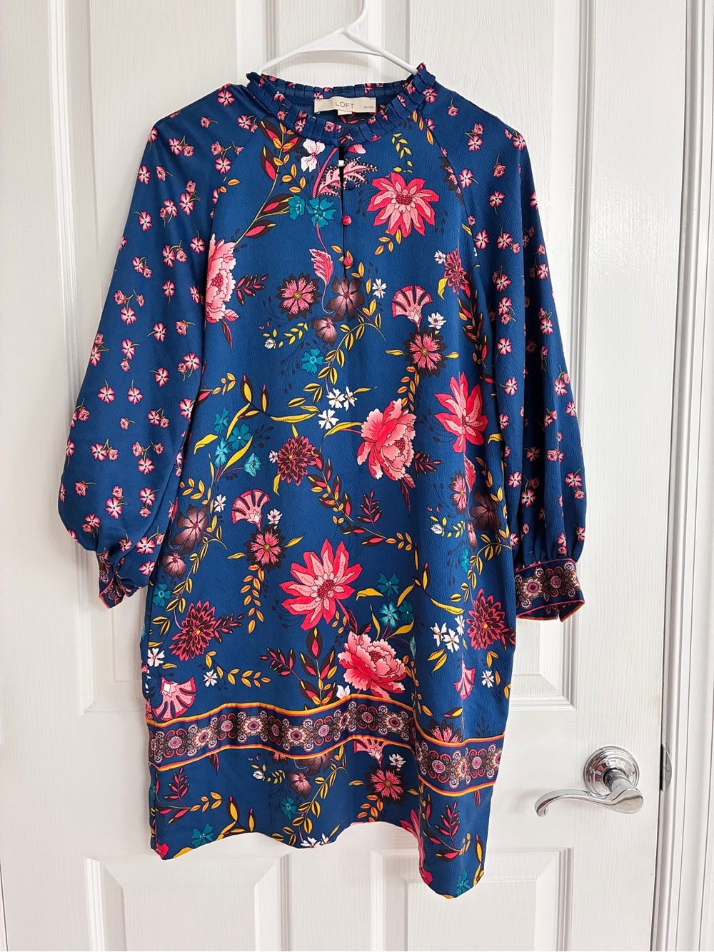 LOFT Blue Floral Blouse with Pink Accents